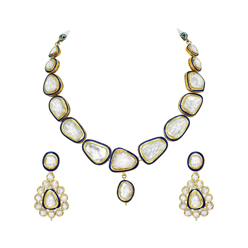 Polki Necklace Set with Blue Enamel and Matching Drop Earrings